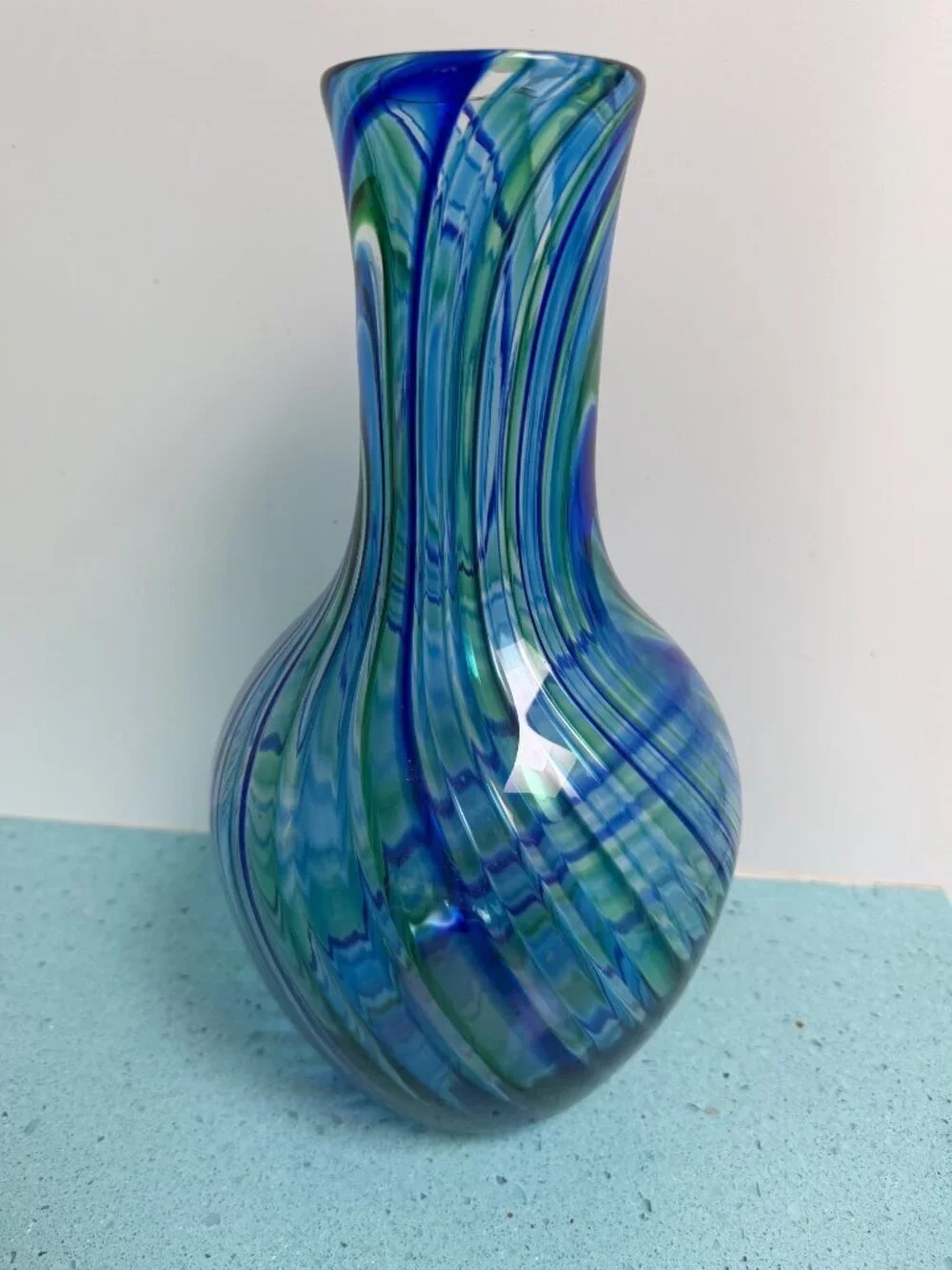 Michael Egan Vermont 2001 Handblown 12 inch Art Glass Vase Blue Green Handmade